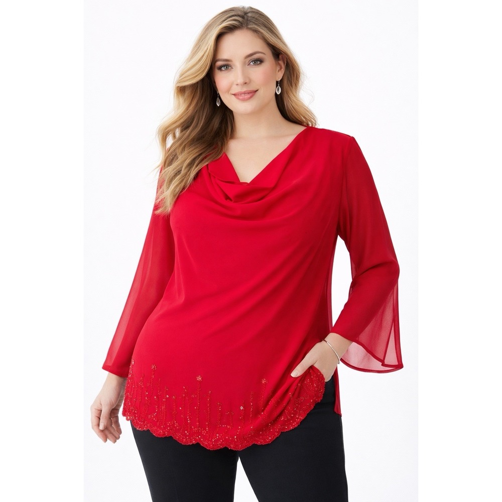 Sheri Martin 20W Red Chiffon Blouse Plus Size Cowl Neck Beaded Hem Party Elegant
